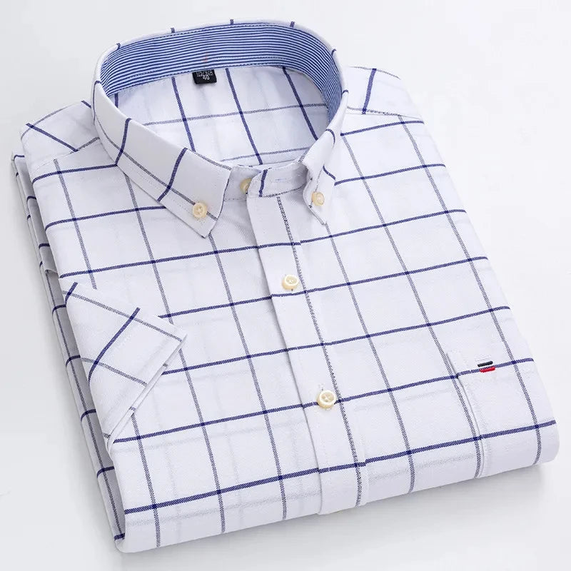 Men's high-quality Oxford cotton short sleeved shirt for summer comfort breathable classic solid color plaid business leisure Quick Pick Grocers